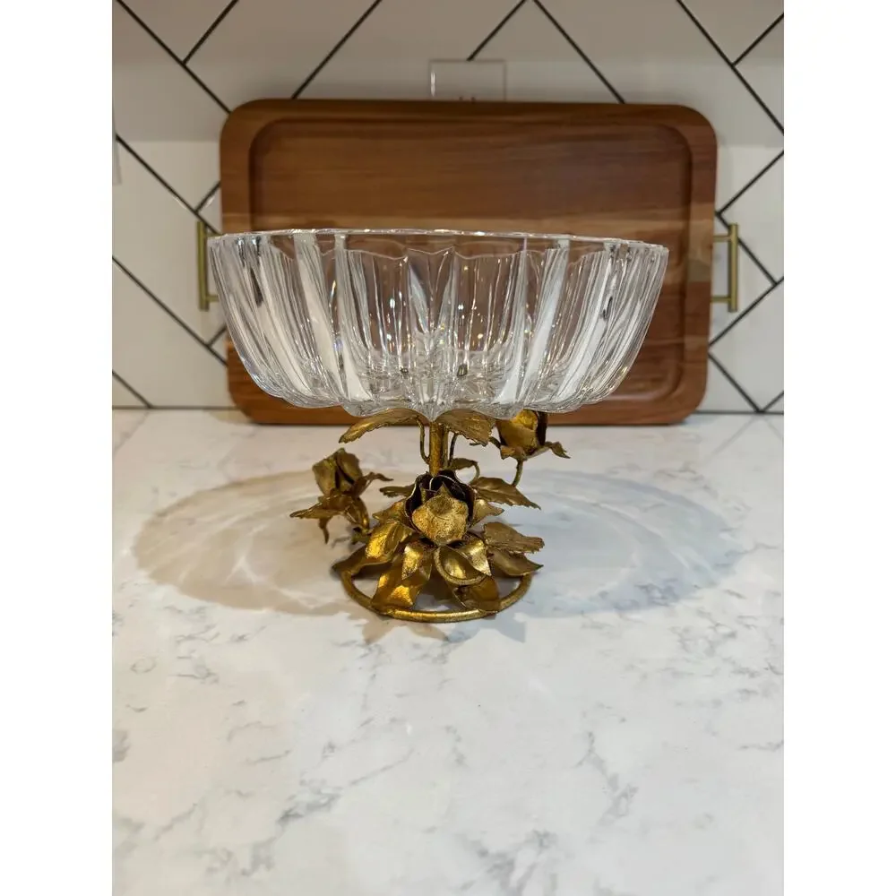 Hollywood Regency compote bowl crystal top gold-gilt cast brass pedestal base